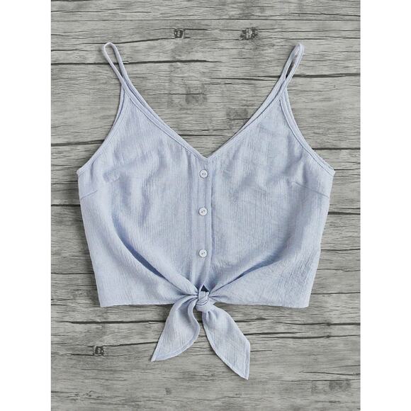 Twisted Tag Blue V Neck Sleeveless Button Up Front Tie Women’s Crop Top Size S - Picture 1 of 5